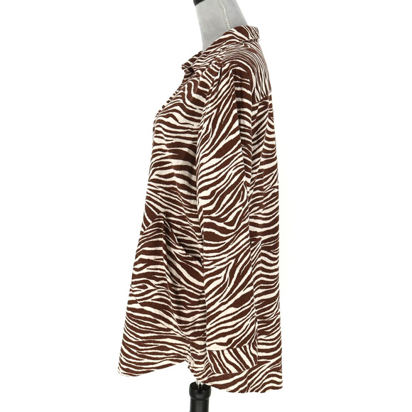 Jones NY Top Plus Size 1X Linen Blend Ivory Brown Animal Print Blouse Henley - Picture 12 of 13
